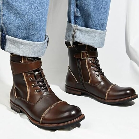 Mens Boots Motorcycle Casual Boots Lace-up Ankle Dress Boots-Brown main image 3
